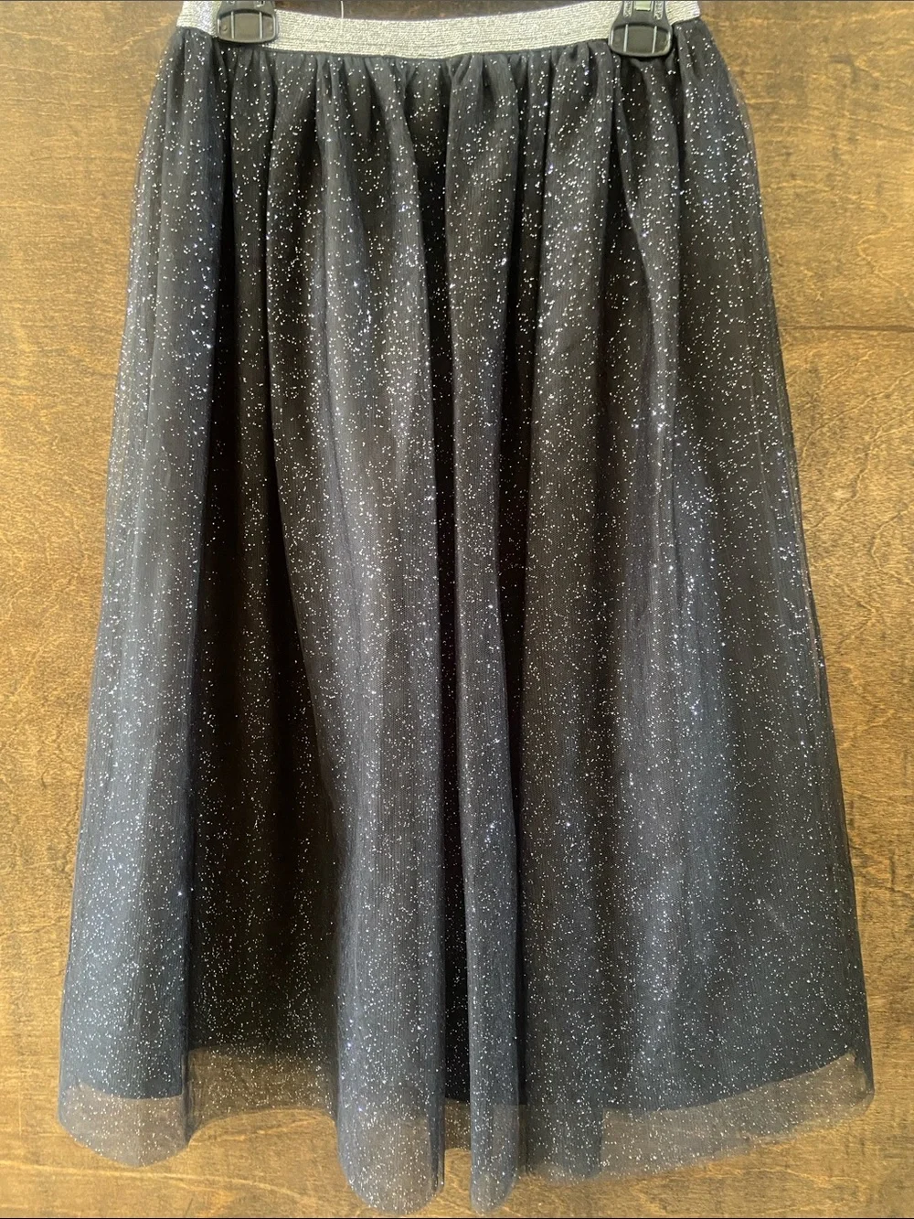 Cat & Jack Black Sparkle Tulle Midi Skirt, Silver Waistband, girls size S (6/6x)